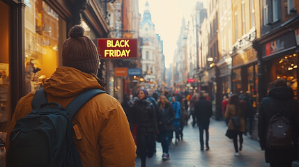 Obraz premium Crowd of shoppers in an urban setting during Black Friday, capturing the excitement of holiday shopping.