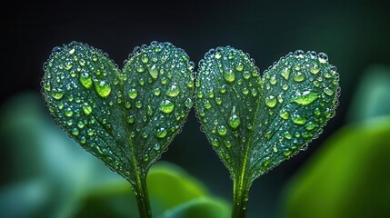 intimate closeup of two blades of rainsoaked grass leaning together their dewladen tips touching in a delicate embrace showcasing natures intricate connections in radiant greens
