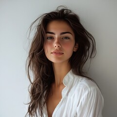 Fototapeta premium White blouse woman in studio