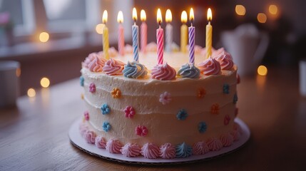 intricately designed birthday cake adorned with colorful candles set against a softfocus party background warm lighting highlights the festive atmosphere inviting joy and celebration