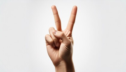 A hand showing the finger gesture of a peace hand sign or a victory hand sign with a white background; the index finger and middle finger held up to show peace and victory; finger photography; white