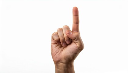 A human hand showing only the index finger to indicate number one gesture; a focus on the index finger of the hand to show one or number one; hand photography; white background