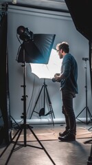 Professional photographer taking pictures in a studio, 4K hyperrealistic photo