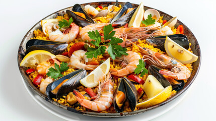 Classic seafood paella on a white background, showcasing saffron rice, shrimp, mussels, clams, and squid, garnished with parsley and lemon, emphasizing vibrant colors and fresh appeal.