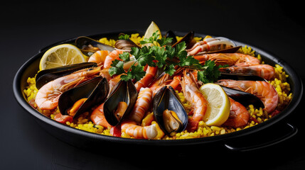 Classic seafood paella components—grains of saffron rice, plump shrimp, mussels, clams, squid, fresh parsley, and lemon wedges—suspended mid-air, creating an artistic and dynamic visual.