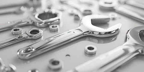 Abstract background with wrenches, nuts, and bolts and clean white surface, smooth texture, minimalistic design.