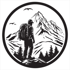 Silhouette of Hiker with Backpack in Mountain Forest Landscape.