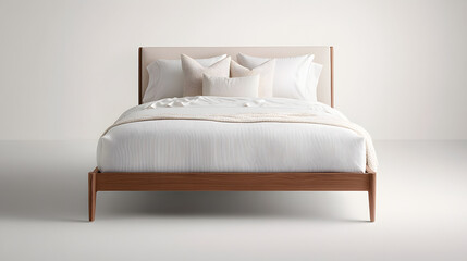 Minimalist double bed with a sleek, modern design on a white background.