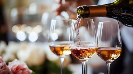A sommelier pouring wine into glasses during a wine tasting event at an elegant venue.