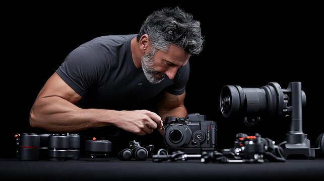 The Photographer's Toolkit: A seasoned photographer meticulously inspects a sleek camera, surrounded by a collection of high-end photography gear.