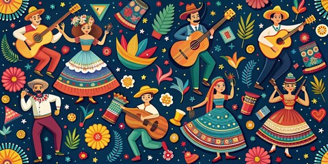 Fototapeta premium Vibrant Seamless Pattern of Musicians and Dancers Celebrating Hispanic Heritage Month