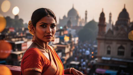 Fototapeta premium Portrait of an Indian woman against the background of a city in India.