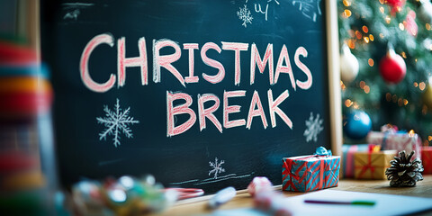 Words 'Christmas break' written on a blackboard in a classroom. School kids going on winter break. Festive season and holidays.