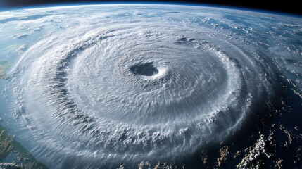 A powerful hurricane spins dramatically, showcasing swirling clouds and an eye