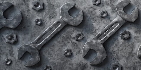 Abstract background with wrenches, nuts, and bolts and felt texture, gray color, industrial view.