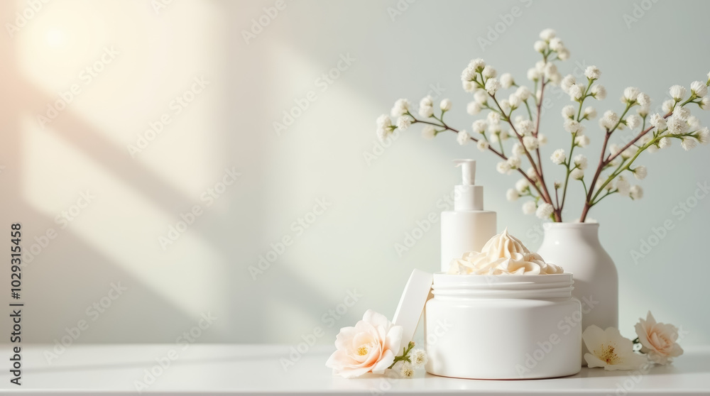 Wall mural A composition features stylish skincare items, including a cream jar and dispenser, alongside delicate white flowers, creating a tranquil atmosphere