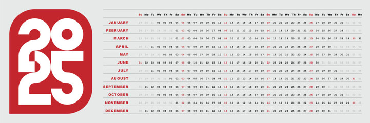 Red 2025 calendar horizontal design