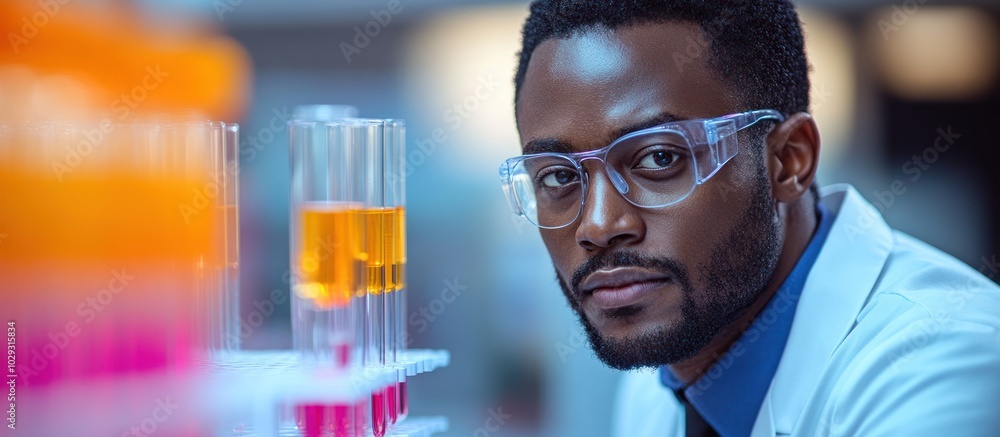 Aufkleber a scientist in a lab, focused on colorful test tubes and experiments.