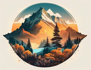 Snowy mountain landscape sticker near a long and orange forest