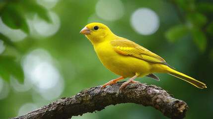 Yellow Canary Bird Perched on Branch in Green Nature