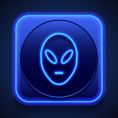 Alien simple icon vector. Flat design. Blue neon style on button. With shadow