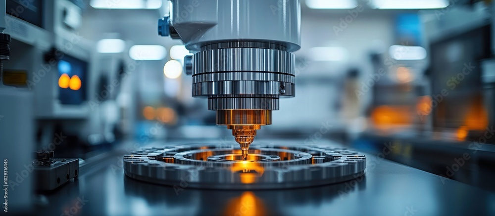 Aufkleber a precision machining tool operating on a circular workpiece in an industrial setting.