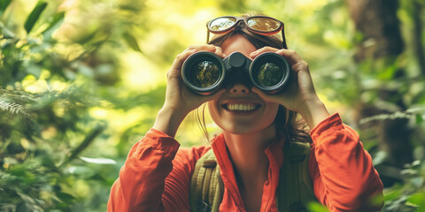 Young beautiful woman using binoculars while on nature trip. Having fun outdoors.