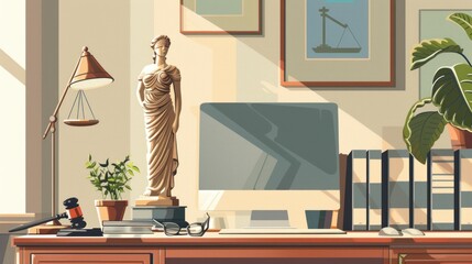 A Lawyer's Desk with a Statue of Justice, Scales, and a Gavel