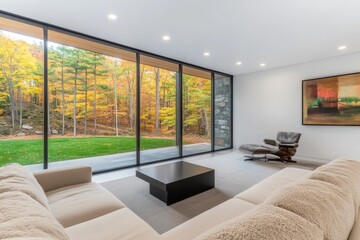 Fototapeta premium Minimalist Modern Living Room with Large Windows and Black Coffee Table