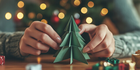Woman hands making an origami Christmas tree. Handmade paper decorations for festive season. Making things out of paper. Christmas crafts for children and adults.