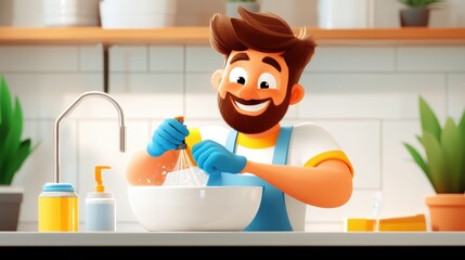 A cheerful cook in a bright kitchen, whisking ingredients with finesse, showcasing culinary skills and creating a positive atmosphere, ready for cooking adventures.