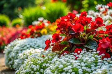 Naklejka premium Vibrant Summer Flower Garden with Red Wax Begonias and White Alyssum in Full Bloom
