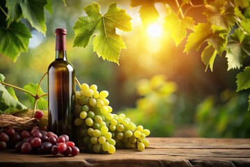 Fototapeta premium Elegant Wine Bottle Surrounded by Grapes and Leaves for a Perfect Vineyard Scene