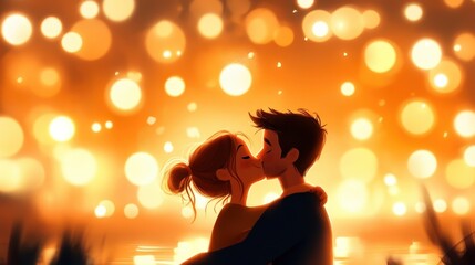 A couple shares a passionate kiss beside a glowing body of water, embodying romance and emotional connection in a scene filled with warmth and serenity.