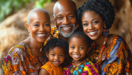 Fototapeta premium Surrounded by colorful textiles, a close-knit African family shares laughter and warmth, celebrating their rich culture while creating lasting memories together