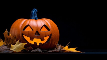 Smiling Jack-O-Lantern: A  glowing jack-o-lantern with a friendly grin sits amongst autumn leaves,  evoking the festive spirit of Halloween and autumn.