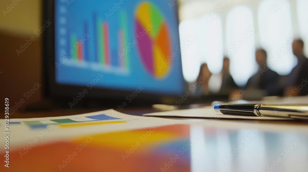 Poster pen on table with charts and people blurred in background
