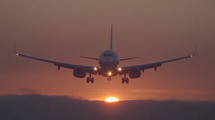 Airplane Silhouetted Against Sunset With Landing Gear Down