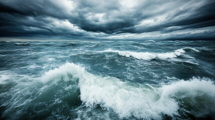 Fototapeta premium Stormy ocean waters with dramatic waves and dark clouds, creating a moody atmosphere.