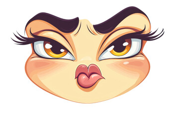 Fototapeta premium A cartoon face showing a pout with raised eyebrows and fluttering lashes, expressing sass and attitude, set against a plain background.