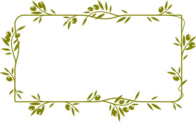 Olive leaves, tree branches and fruits frame. Vector green olives wreath with floral vines, mediterranean cuisine food, vegetable oil and natural cosmetics label. Branches and leaves square frame