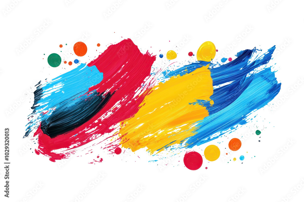 Poster vibrant abstract painting with dynamic brush strokes and colorful dots, showcasing creativity and ar