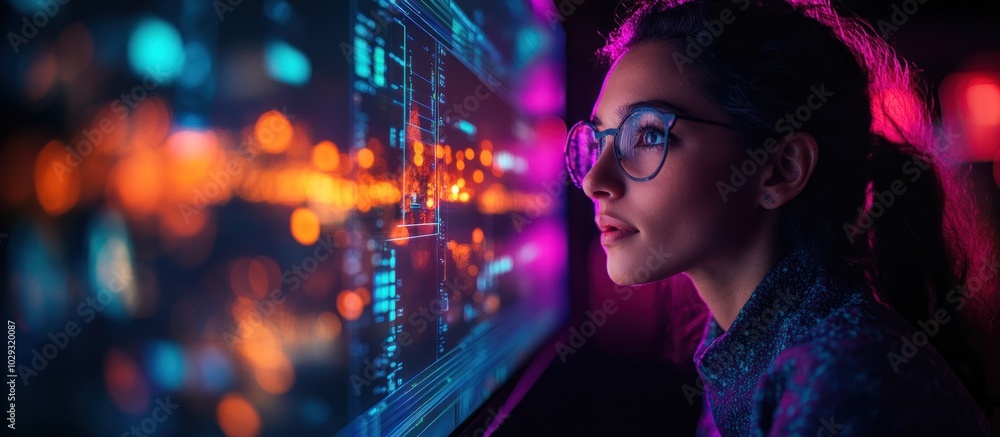 Poster a focused individual analyzing data on a vibrant computer screen.
