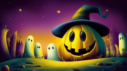 Naklejka premium Spooky Halloween Illustration of a Glowing Jack-o’-Lantern with Witch Hat – Haunted House and Bats at Sunset