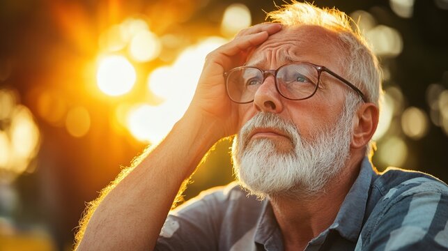 Thoughtful elderly man pondering under sunset lighting, emotional expression.