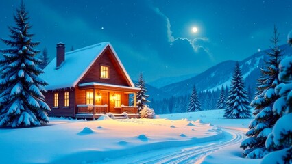 Fototapeta premium Winter landscape with a house that glows with lights and snow around in a festive Christmas style.