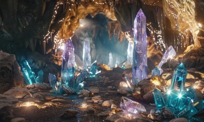 Exploring a luminous crystal cavern, 4K hyperrealistic photo