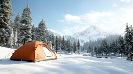 Vibrant orange tent in a snowy landscape surrounded by tall pine trees and mountains.