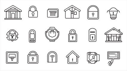 Set of line icons in linear style. Series - Home security and protection. Alarm system, locking, smart home, lock and key.Outline icon collection. Conceptual pictogram and infographic.
