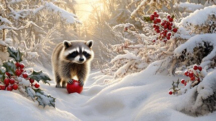 A charming raccoon stands in the snow, wearing a cozy scarf and clutching holly berries, surrounded by wintery trees and cozy decorated houses, embodying the spirit of Christmas